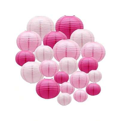 21pcs/Set Pink Paper Lanterns Set, Paper Lantern Decors, Hanging Round Paper Lanterns, Suitable For Indoor & Outdoor Graduation, Wedding, Birthday, Valentine's Day, Shower Decorations