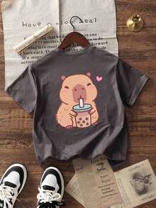 Áo thun tay ngắn cổ tròn in họa tiết thường ngày màu xám đậm dành cho nữ sinh và thanh thiếu niên, mùa hè - Màu xám đen - Xem 3