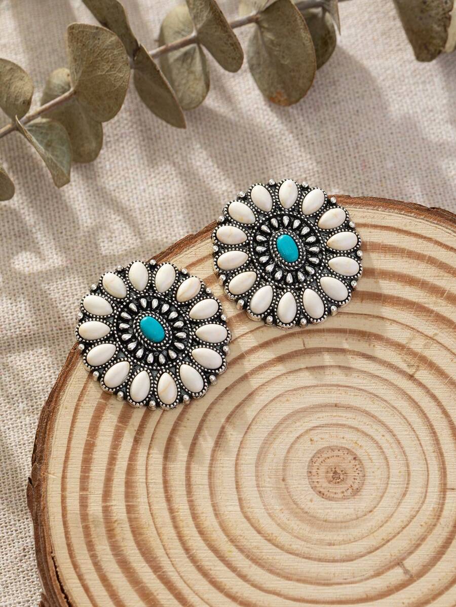 1 par de pendientes de gota con talla de turquesa en estilo vintage bohemio para mujeres, adecuados para combinar con los atuendos, uso diario y vacaciones
