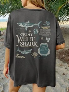 Howell Ladies' Large-Sized Retro Great White Shark T-Shirt - A Gift For Marine Animal Lovers, Marine/Wildlife Anatomy And Biology - A Cute Marine Protection T-Shirt