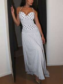 Polka Dot Splice Asymmetrical Neck Tie Backless A-Line Dress For Summer Holiday - White - View 6
