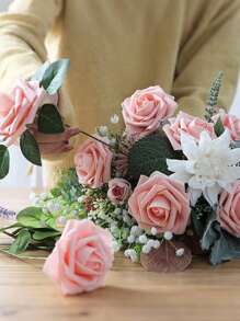 5/10/15/20/25/30 piezas Rosas falsas de aspecto realista con tallos para manualidades, decoraciones de bodas, centros de mesa, arreglos, fiestas, baby shower y decoración del hogar (sin caja, empaque en bolsa de OPP) que incluyen tres hojas