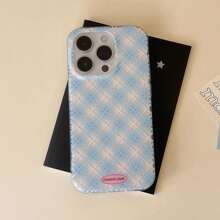 Funda de teléfono con diseño de tartán azul de doble capa con brillo y patrón de argyle, compatible con iPhone 16 Pro Max / iPhone 15 Pro Max / iPhone 14 Pro / iPhone 13, estilo coreano, de moda, minimalista, artístico