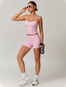 Two Piece Workout Sets Women Top Matching High Waist Lifting Shorts Gym Wear Outfits - 撞色粉紅色 - 查看 5