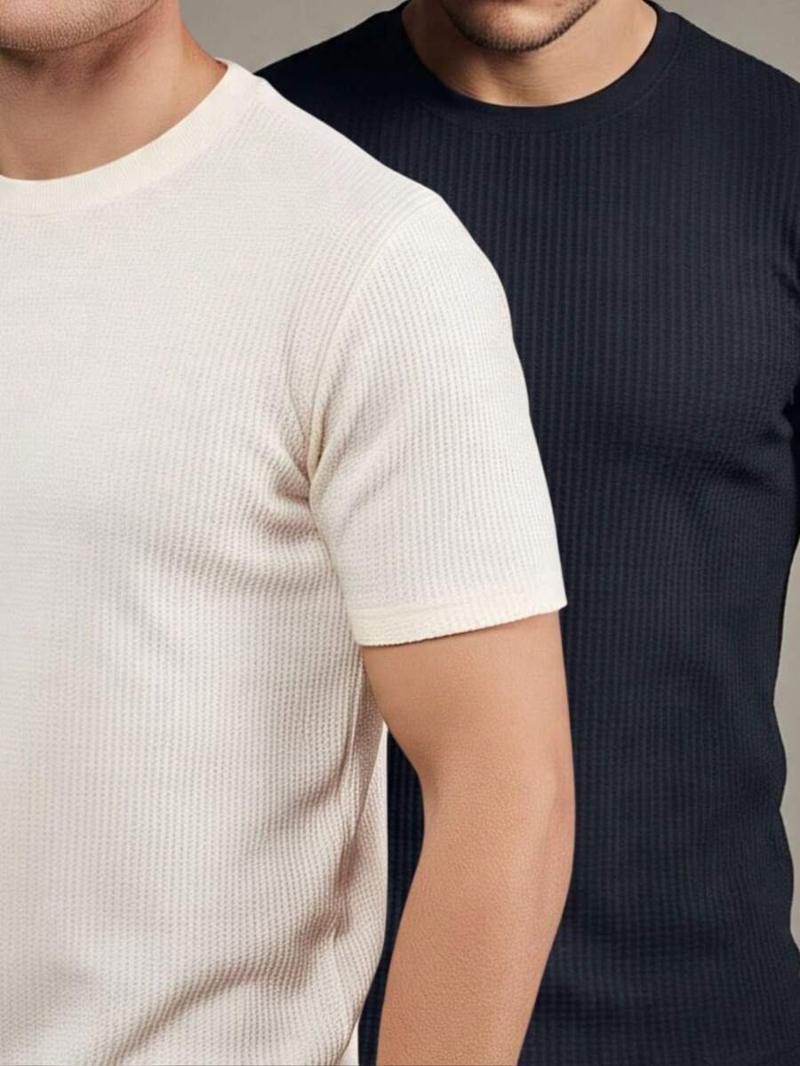 Kit 2 Basic Casual Textured T-Shirt Straight Textured Premium Mesh - Đen và Be - Xem 1