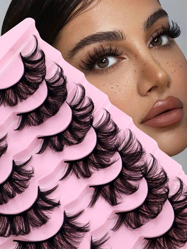 7 Pairs Russian Volume Faux Mink Criss-Cross Cat Eye Lashes, Natural DD Curl Fluffy Synthetic Eyelashes, Sparse Dramatic Crisscross Thin Fake Lash Extension