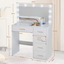 Wood Vanity Dressing Table With Large LED Mirror And 7 Drawers Makeup Desk White - White - View 6