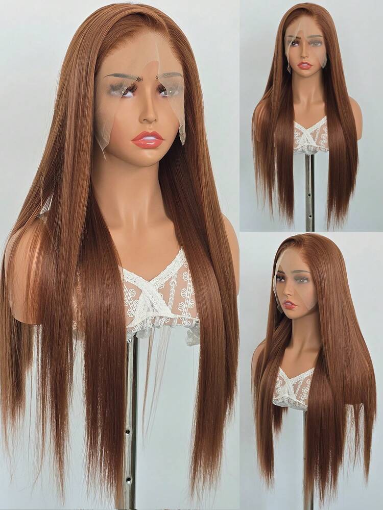 Elegante peluca recta de 24" con cabello sintético resistente al calor, frente de encaje de 13x4, color marrón, adecuado para mujeres. Con línea de nacimiento natural preplucada y bello del bebé, ideal para uso diario, bodas, Halloween y Navidad - Óxido marrón - Añade 6