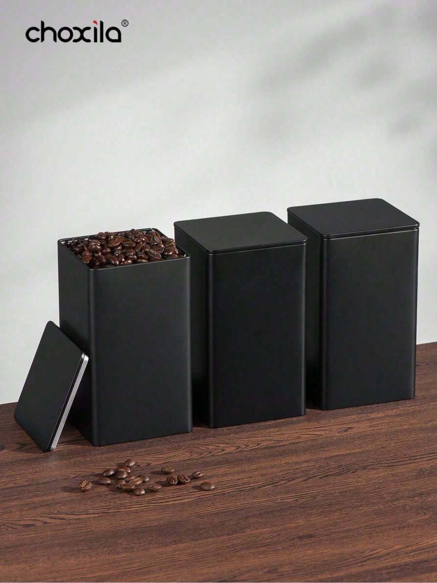 choxila 3个装咖啡储存罐茶叶零食咖啡豆储存罐铁艺艺术展示方形罐 - 黑色 - 查看 1