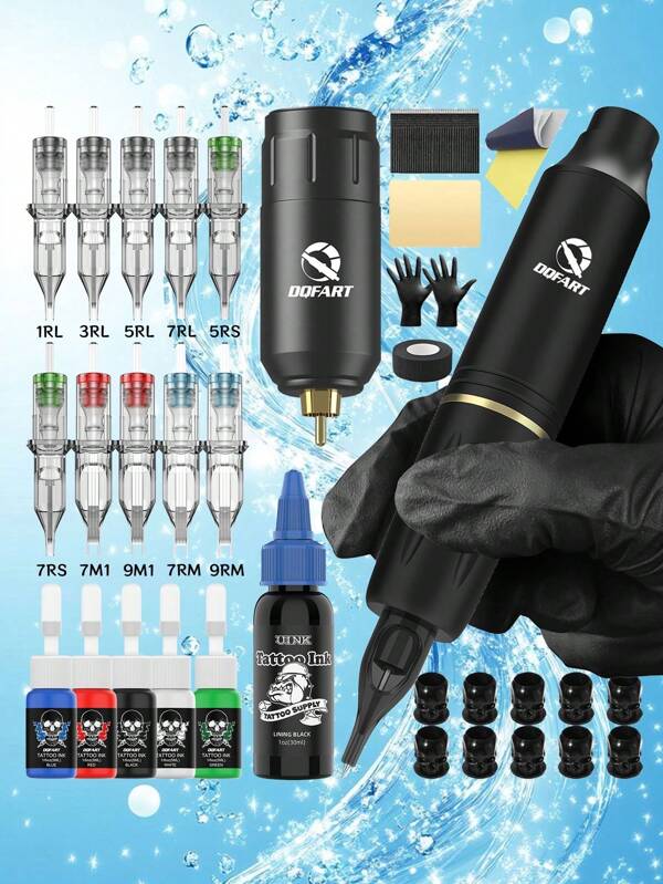 DQFART Wireless Tattoo Gun Kit, Complete Tattoo Kit With 1 Tattoo Battery, 10 Tattoo Needles. Tattoo Supplies Suitable For Beginners And Tattoo Artists