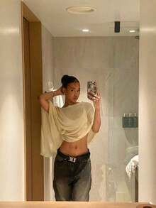 Women Knit Cover-Up, See-Through Solid Irregular Loose Pullover Summer Beach Tops - Màu vàng - Xem 3