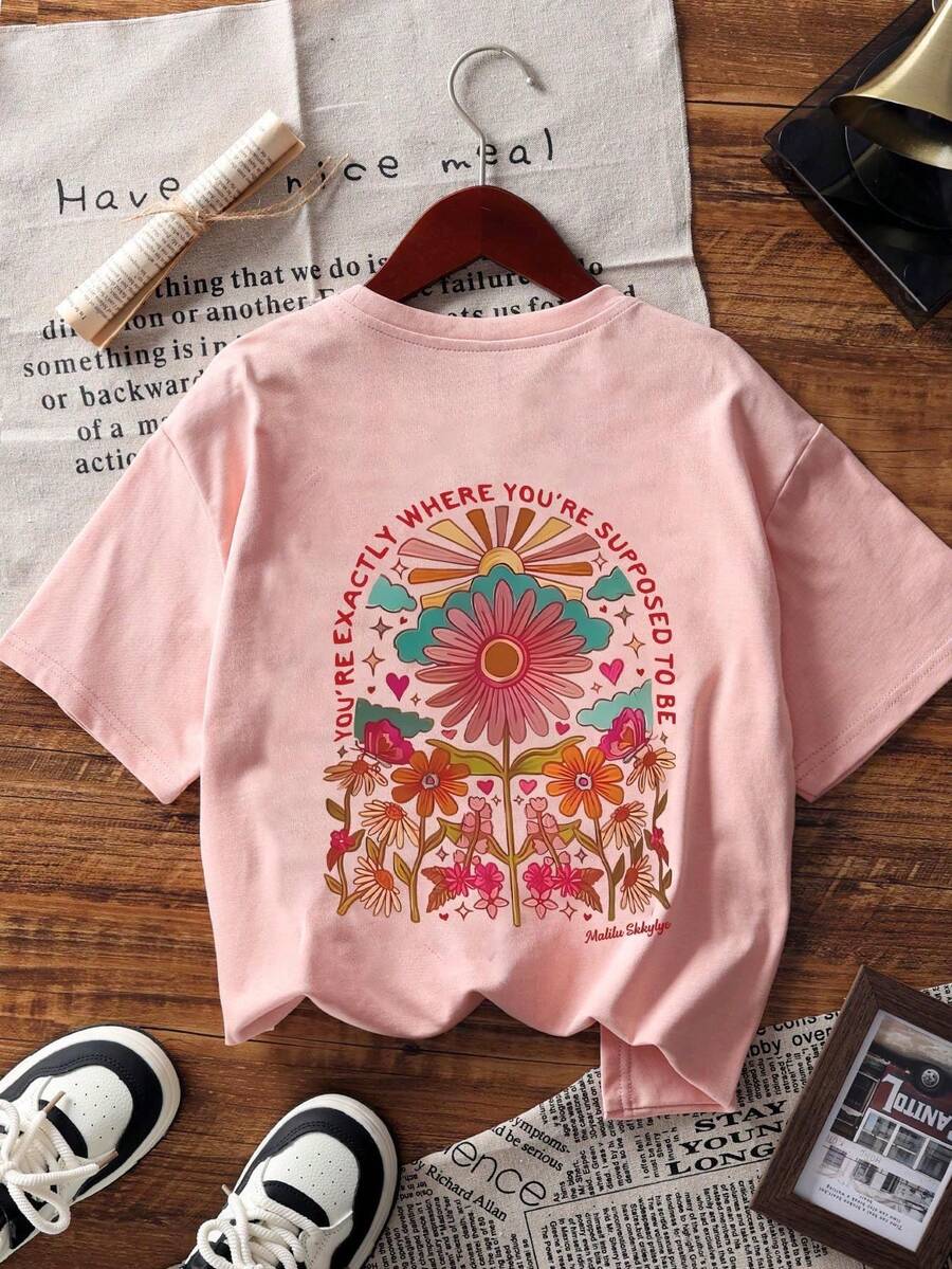 1pc Tween Girl Casual Slogan Print Short Sleeve Pullover T-Shirt, Comfortable & Fashionable Summer Top For Young Students - Pink - View 1