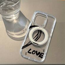 Caja del teléfono 1PC Patrón de diseño de corazón derecho, Acrílico trasero de alta transparencia Soporte de atracción magnético giratorio fuerte, Caja del teléfono Base suave transparente Soporte de pie anti-caída, Adecuado 16promax, 16 15pro 14 13Pro - transparente - Ver 1
