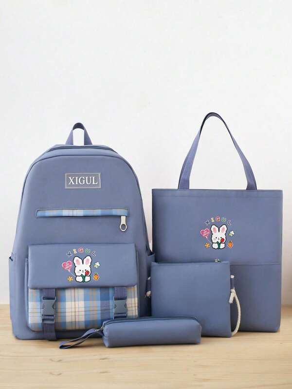 4 Pcs Open School Season Backpack Combo Cute Cartoon Rabbit Maiden Backpack Large Capacity Students Schoolbag Work Bag Color Contrast Lattice Women Travel Backpack Storage Backpack Crossbody Bag Tutorial Bag Shoulder Bag Versatile Lightweight Portable With Zipper Adjustable Strap For Daily Casual Bag For Travel Vacation