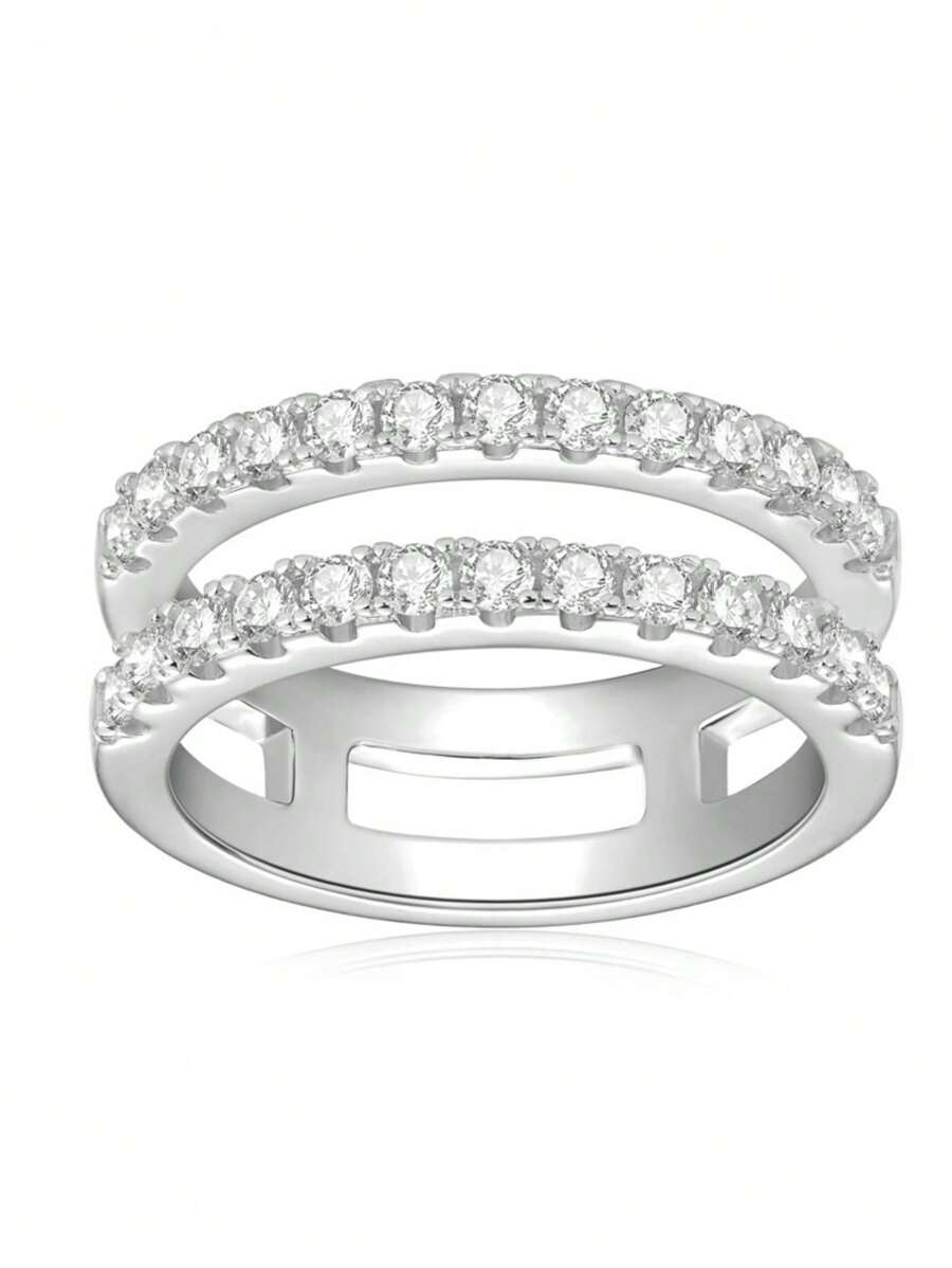 Anillo de zirconia cúbica con diseño de estrella doble - Anillo ajustable de plata pura, de lujo ligero y listo para regalo