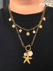 2pcs/Set Women's Summer French Retro Starfish & Faux Pearl Design Stainless Steel Necklace, Waterproof & Fade-Resistant, Suitable For Daily Wear, Party, Beach Holiday