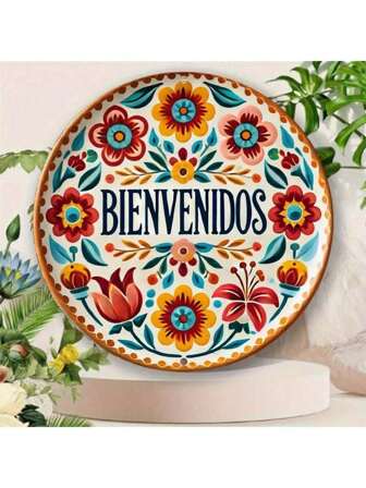 1pc Vibrant Mexican Style Ceramic Plate - 8.0x8.0 Inch Round Metal Wall Decor With Colorful Floral Design, Suitable For Home, Office, Living Room Decoration - Beautiful Holiday Gift, Mexican Home Decor, 2D Flat