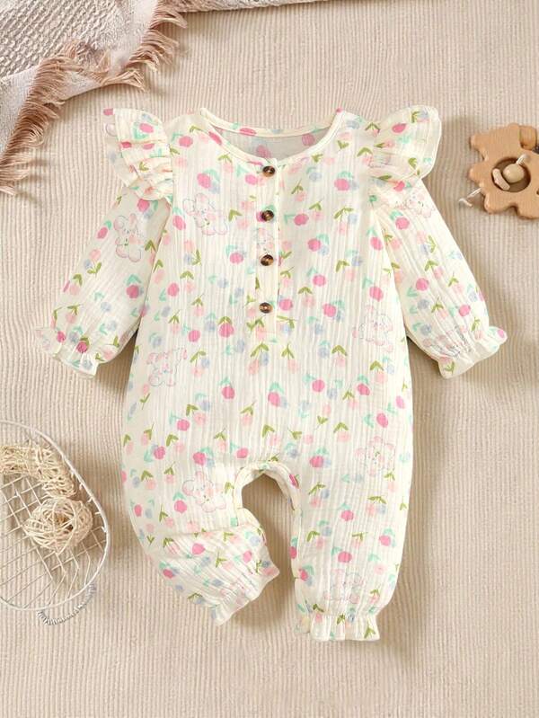 0-3Y Baby schattige ditsy bloemenkraag met halve knoopjes, dubbele laag uitlopende mouwen, lange mouwen, tulp, lichtgewicht outfit met lange mouwen voor babymeisjes, geschikt voor lente/herfst