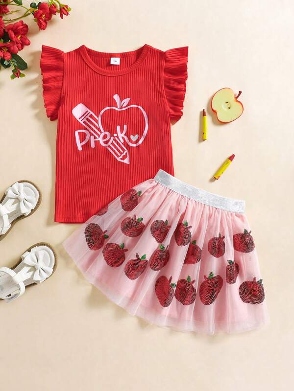 Nuevo conjunto de 2 piezas para niñas de verano: Blusa de canalé de manga corta + Falda con estampado de manzanas