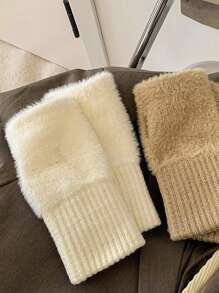 1 Paar einfache Plüsch-Patchwork-Strickhandschuhe, stilvolle, elegante, weiche und warme fingerlose Handschuhe für Herbst und Winter, kältebeständig, mit elastischem Handgelenk