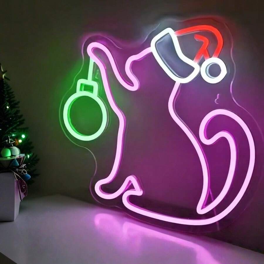 1 件圣诞猫霓虹灯，13.78 * 12.6 英寸，USB 供电 LED 标志，节日墙面装饰，客厅霓虹灯，圣诞派对装饰，宠物爱好者霓虹灯万圣节装饰灯家居装饰派对装饰万圣节装饰房间装饰万圣节花园装饰礼物仙女