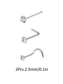 Conjunto de 3 peças de piercing de nariz em aço inoxidável 316L com zircônia, calibre 20G, para homens e mulheres. Piercing de nariz em formato de L com rosca, joia para piercing de nariz em aço inoxidável. Piercing de nariz simples e elegante com strass, estilo punk, ideal para mulheres e homens. Uma joia corporal moderna e perfeita para presentear em qualquer ocasião. - Multicolorido - Ver 12
