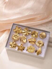 1/12 件时尚优雅休闲不锈钢戒指套装，适合男士和女士，适合日常搭配、节日、约会、订婚、婚礼，送给爱人、朋友、家人的礼物，1 件随机，12 件带礼盒