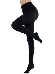 半双装 女士 60D 柔软纯色半透明高腰连裤袜，舒适 - 黑色 - 查看 2