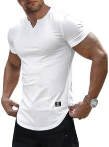 Mens Muscle Slim T Shirt V-Neck Longline Henley Shirt Gym Workout Athletic Tee Shirts