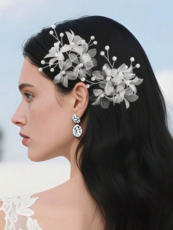 Set de 2 accesorios para el cabello de novia, pasadores en forma de U con diseño de flor de malla blanca delicada, diadema hecha a mano