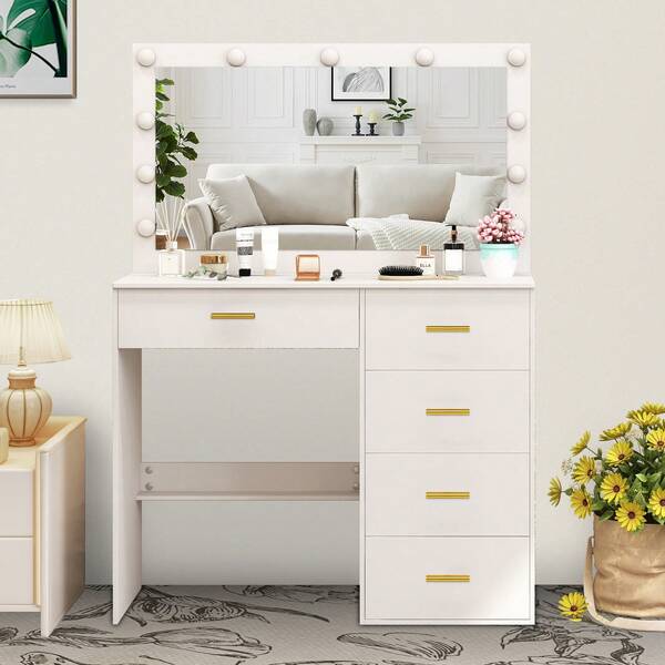 Wood Vanity Dressing Table With Large LED Mirror And 7 Drawers Makeup Desk White