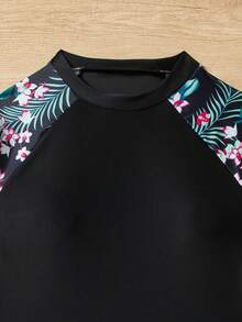 Elegante Traje De Baño De Dos Piezas, Blusa Y Pantalón De Manga Larga Con Estampado Tropical Para Mujer Durante Vacaciones En La Playa - Verde claro - Ver 5