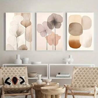 3PCS Abstract Beige Canvas Poster, Simple Flower Japanese Painting, Wabi-Sabi Ali Geometric Canvas Wall Art,Optional Frame