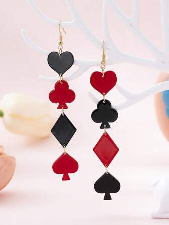 1 Pair Of Acrylic Playing Cards, Plum Blossom, Peach Square Symbol String, Women's Earrings, Suitable For Daily And Party Matching