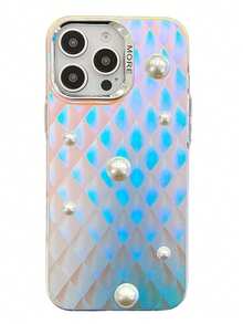 1 个电镀全息纹理磨砂手机壳，菱形渐变设计金属边框，3D 珍珠装饰，适用于 iPhone13、13Pro、13 Pro Max、14、14 Pro、14 Pro Max、15、15 Pro、15 Pro Max、16、16 Plus、16 Pro、16 Pro Max、16E 和 S22Ultra、S23 Ultra、S23 FE、S24、S24 Ultra、S25、S25 Plus、S25 Ultra、A36 (5G)、A56 (5G)、A15 (5G)、A25 (5G)、A35 (5G)、A55 (5G)、A54 (5G)，甜美时尚风格 - 彩色 - 查看 3
