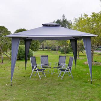 Tenda da festa a padiglione con doppio tetto 3,45x3,45m in poliestere grigio, impermeabile e resistente ai raggi UV per feste in giardino