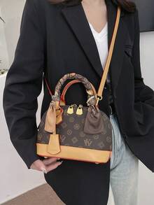 1 件女士时尚花卉印花撞色手提包，字母印花贝壳形拉链斜挎包，配有可拆卸肩带，可容纳手机、化妆品、零钱包，带围巾装饰，适合购物、户外、旅行 - 彩色 - 查看 4