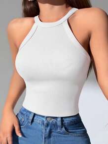 1pc Solid Color Ribbed Casual & Comfortable Minimalist Casual - Regular Casual Casual - Sports Casual Romantic - French Sleeveless Regular Style Spaghetti Strap Camisole With Chest Pads