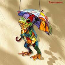 Whimsical Frog & Colorful Umbrella Sun Catcher - Stained Glass Window Hanging Decor | Vibrant Garden & Home Ornament For Indoor/Outdoor | Unique Unisex Gift For Birthday, Housewarming, Holidays (Frog Garden Art)