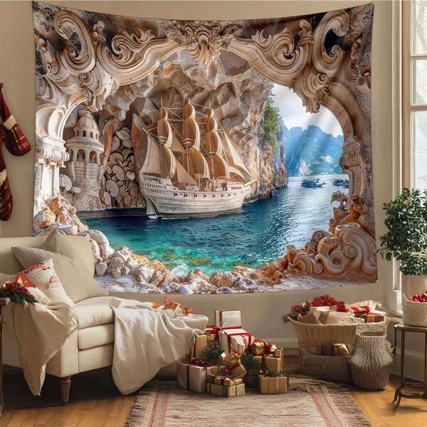 1pc Polyester Ship Tapestry Ocean Wall Hanging Ancient Architecture Art Rock Decor Photo Backdrop Sailing Vessel Picturesque Sea View Home Decoration Bohemian Room Mural Nautical Theme Vintage Style Stunning Detailed Design Tapestry