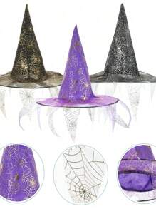 3pcs Spider Web Witch Hats In Purple, Gold And Silver Colors, Gothic Style Wizard Hats For Women, Witch Cosplay Costume For Halloween Home Decor Halloween Decor Fall Decor Room Decor