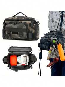1 件多隔层防水渔具包，迷彩和几何图案 - 纯色可选，拉链开合，肩带。非常适合户外徒步、露营和存放渔具，户外钓鱼包