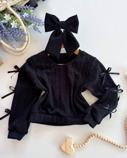 Pequeninos Kids - Blusa Infantil Feminina Manga Longa Trançada com Laços e Estilo Delicado