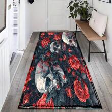 1 pieza Felpudo de entrada/baño/cocina/lavandería con estampado de esqueleto de Halloween y flores, de base de TPR y apariencia de lana sintética, para decorar el ambiente festivo, el hogar, fiestas, bodas y comedores