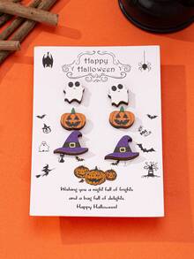 3 对万圣节木质印花可爱鬼魂、邪恶南瓜、女巫帽耳环，女士耳环套装，适合万圣节派对庆祝活动，适合送给朋友和家人的节日珠宝礼物 - 彩色 - 查看 1