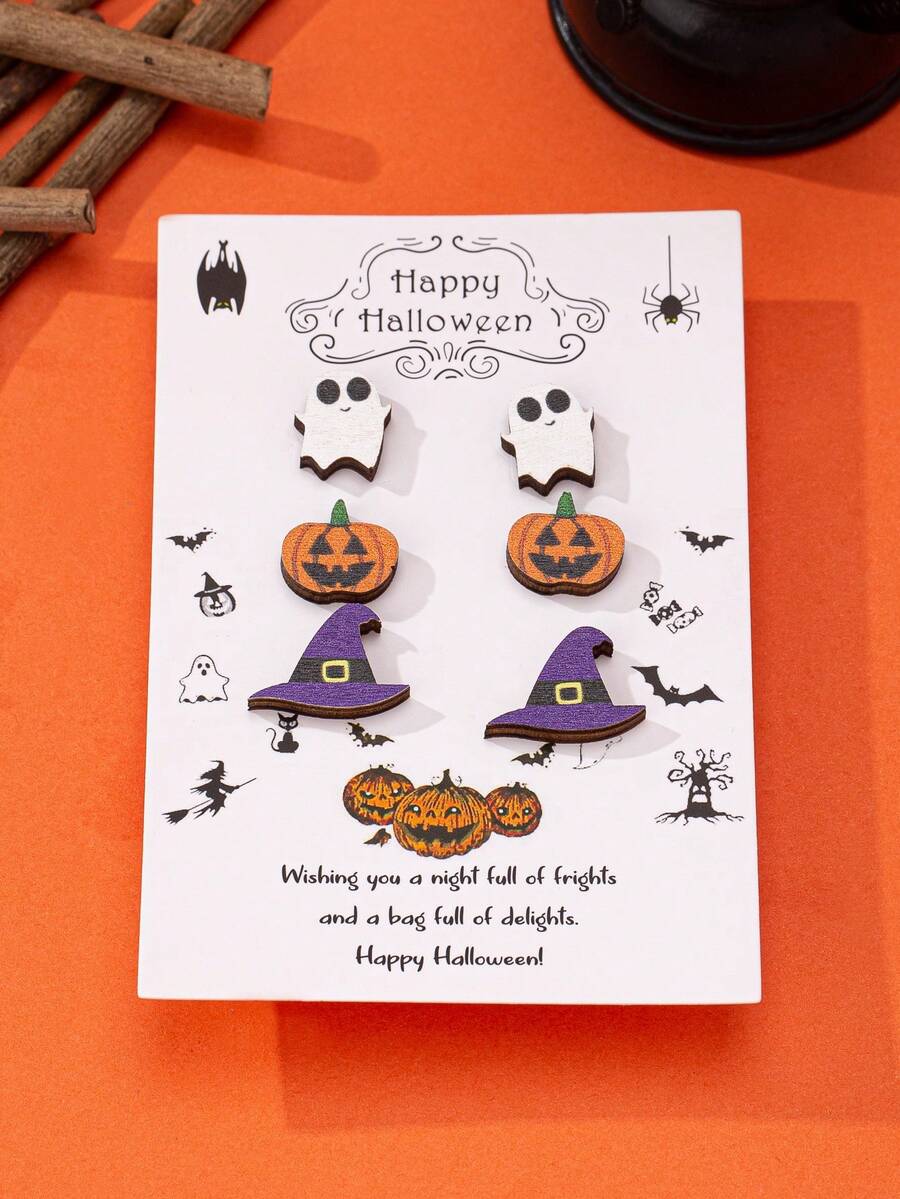 3 对万圣节木质印花可爱鬼魂、邪恶南瓜、女巫帽耳环，女士耳环套装，适合万圣节派对庆祝活动，适合送给朋友和家人的节日珠宝礼物 - 彩色 - 查看 1