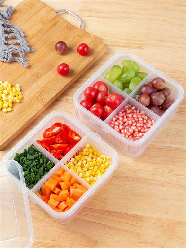 1pc The New Practical Storage Large Four-Compartment Green Onion Fruit Crisper Storage Drain Box Kitchen With Lid Is Slightly Flawed