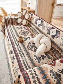 1pc Bohemian Style Sofa Blanket - Suitable For All Seasons, Pet Friendly, Dust Cover Sofa Throw With Tassels - For Living Room, Kitchen - Machine Washable, Sofa Blanket - Grey - View 8