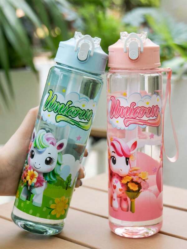 1pc 750ml/25oz Cartoon Pony Themed Plastic Water Bottle, Leak-Proof, Portable, Straw, Hand Washable, Suitable For Outdoor Activities, Games, Cycling, Camping, Great For Holidays And Birthday Gifts