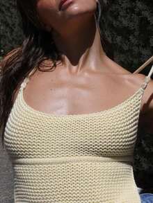 Women Y2k Hollow Out Crochet Crop Halter Tops Knitted Low Cut Sleeveless Backless Lace Up Crop Cami Tank Summer Going Out Camisole Beachwear - 黃色 - 查看 5